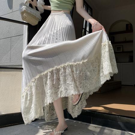 BY15985# 法式缎面压折拼蕾丝半身裙女松紧腰百褶大摆不规则长裙 服裝批發女裝批發服飾貨源