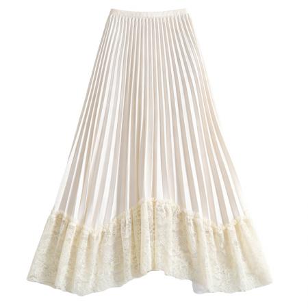 BY15985# 法式缎面压折拼蕾丝半身裙女松紧腰百褶大摆不规则长裙 服裝批發女裝批發服飾貨源