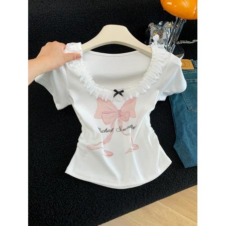BY15986# 夏季新款韩版修身洋气花边拼接蝴蝶结印花短袖T恤女上衣 服裝批發女裝批發服飾貨源