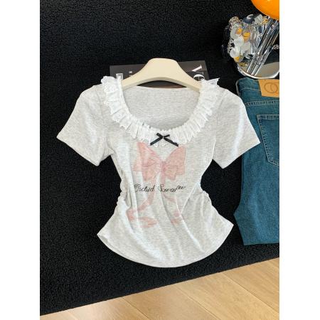 BY15986# 夏季新款韩版修身洋气花边拼接蝴蝶结印花短袖T恤女上衣 服裝批發女裝批發服飾貨源