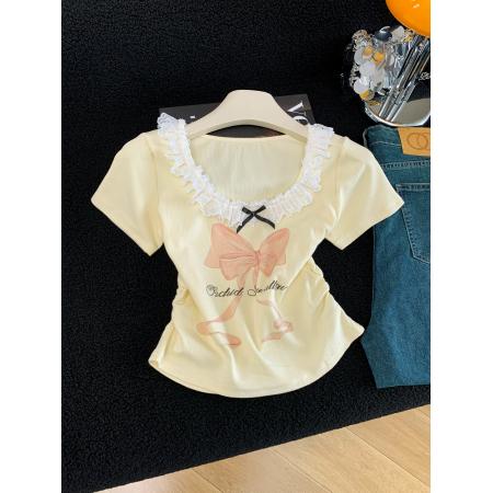 BY15986# 夏季新款韩版修身洋气花边拼接蝴蝶结印花短袖T恤女上衣 服裝批發女裝批發服飾貨源
