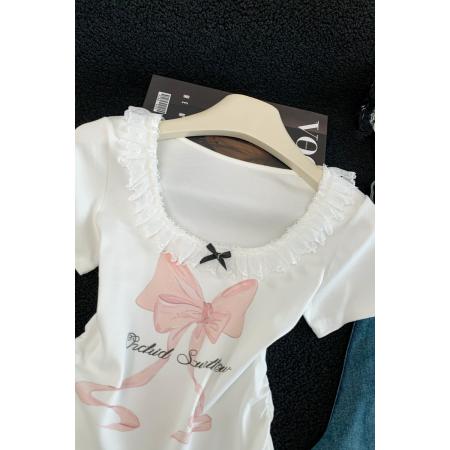 BY15986# 夏季新款韩版修身洋气花边拼接蝴蝶结印花短袖T恤女上衣 服裝批發女裝批發服飾貨源