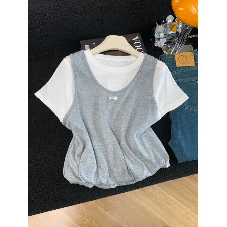 BY15987# 夏季新款韩版宽松洋气时尚百搭假两件叠穿T恤女上衣 服裝批發女裝批發服飾貨源
