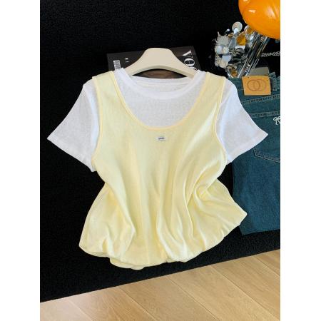 BY15987# 夏季新款韩版宽松洋气时尚百搭假两件叠穿T恤女上衣 服裝批發女裝批發服飾貨源