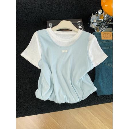 BY15987# 夏季新款韩版宽松洋气时尚百搭假两件叠穿T恤女上衣 服裝批發女裝批發服飾貨源