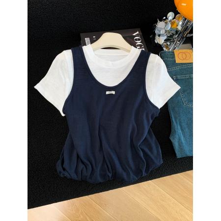 BY15987# 夏季新款韩版宽松洋气时尚百搭假两件叠穿T恤女上衣 服裝批發女裝批發服飾貨源