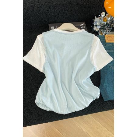 BY15987# 夏季新款韩版宽松洋气时尚百搭假两件叠穿T恤女上衣 服裝批發女裝批發服飾貨源