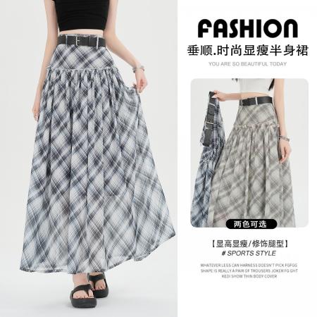 设计感格子半身裙中长款高腰垂感大裙摆a字裙 服裝批發女裝批發服飾貨源