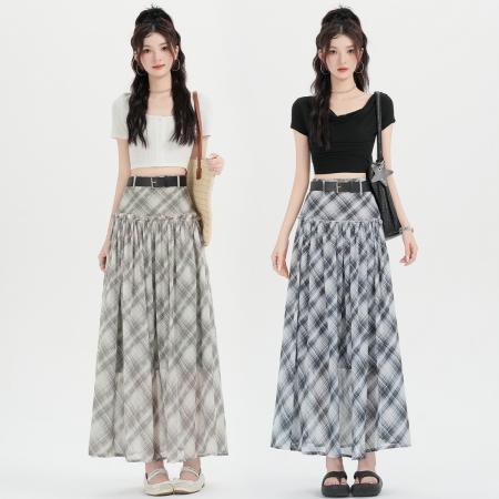 BY15988# 设计感格子半身裙中长款高腰垂感大裙摆a字裙 服裝批發女裝批發服飾貨源