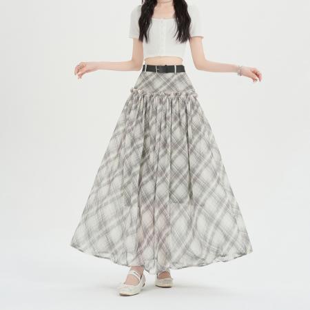 BY15988# 设计感格子半身裙中长款高腰垂感大裙摆a字裙 服裝批發女裝批發服飾貨源