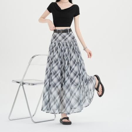 BY15988# 设计感格子半身裙中长款高腰垂感大裙摆a字裙 服裝批發女裝批發服飾貨源