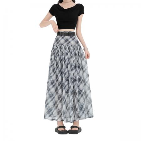 BY15988# 设计感格子半身裙中长款高腰垂感大裙摆a字裙 服裝批發女裝批發服飾貨源