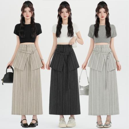新款简约百搭开叉百搭条纹高腰半身裙配屁帘女 服裝批發女裝批發服飾貨源