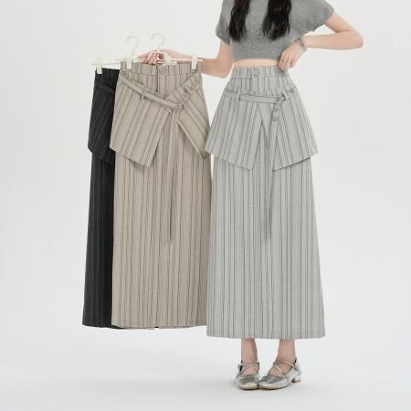 BY15991# 新款简约百搭开叉百搭条纹高腰半身裙配屁帘女 服裝批發女裝批發服飾貨源