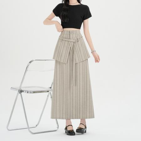 BY15991# 新款简约百搭开叉百搭条纹高腰半身裙配屁帘女 服裝批發女裝批發服飾貨源