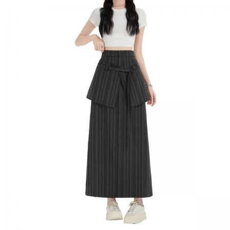 BY15991# 新款简约百搭开叉百搭条纹高腰半身裙配屁帘女 服裝批發女裝批發服飾貨源