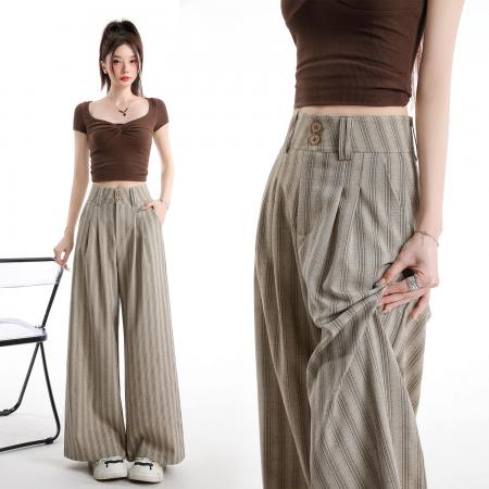 条纹西装裤女春季新款韩系休闲感高腰显瘦垂坠感阔腿裤 服裝批發女裝批發服飾貨源