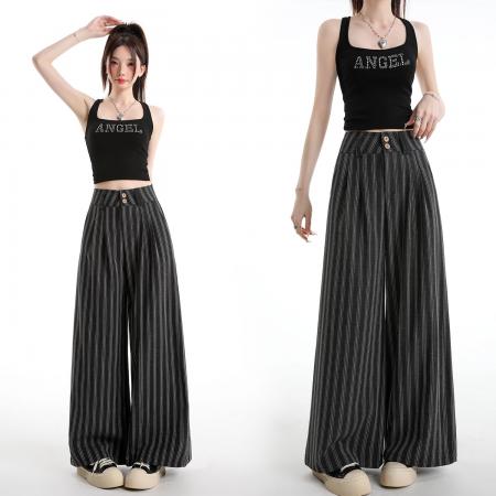 条纹西装裤女春季新款韩系休闲感高腰显瘦垂坠感阔腿裤 服裝批發女裝批發服飾貨源