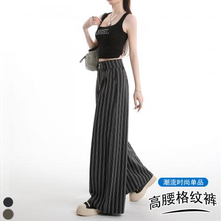 条纹西装裤女春季新款韩系休闲感高腰显瘦垂坠感阔腿裤 服裝批發女裝批發服飾貨源