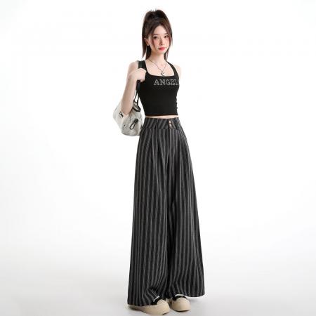 条纹西装裤女春季新款韩系休闲感高腰显瘦垂坠感阔腿裤 服裝批發女裝批發服飾貨源