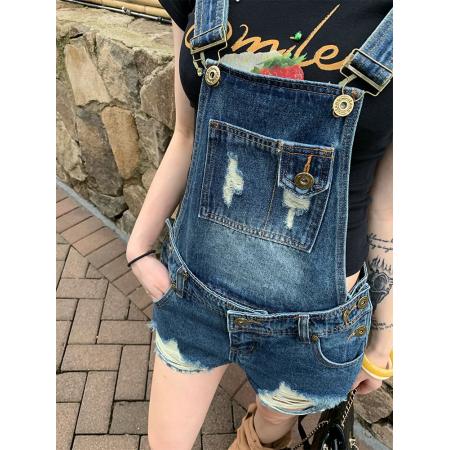 BY15997# 辣妹破洞牛仔背带裤夏季新款甜酷修身显瘦百搭短裤 服裝批發女裝批發服飾貨源