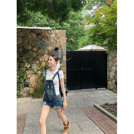 BY15997# 辣妹破洞牛仔背带裤夏季新款甜酷修身显瘦百搭短裤 服裝批發女裝批發服飾貨源