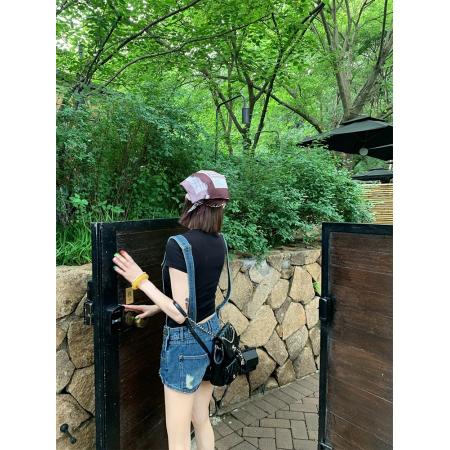 BY15997# 辣妹破洞牛仔背带裤夏季新款甜酷修身显瘦百搭短裤 服裝批發女裝批發服飾貨源