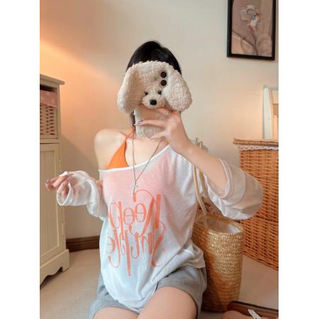 BY15998# 宽松慵懒风字母印花防晒T恤女+挂脖内搭小吊带 服裝批發女裝批發服飾貨源