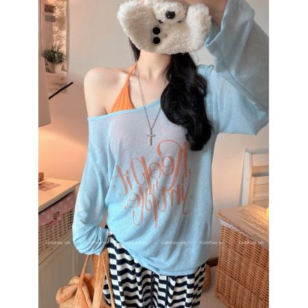 BY15998# 宽松慵懒风字母印花防晒T恤女+挂脖内搭小吊带 服裝批發女裝批發服飾貨源