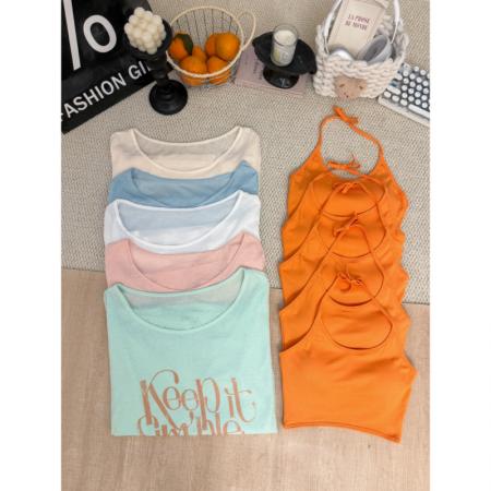 BY15998# 宽松慵懒风字母印花防晒T恤女+挂脖内搭小吊带 服裝批發女裝批發服飾貨源