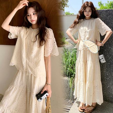 BY16014# 新款大码女装夏装纯棉花边短袖上衣+阔腿裤套装 服裝批發女裝批發服飾貨源