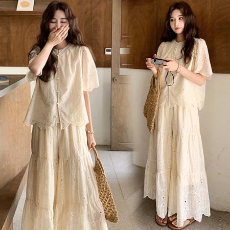 BY16014# 新款大码女装夏装纯棉花边短袖上衣+阔腿裤套装 服裝批發女裝批發服飾貨源