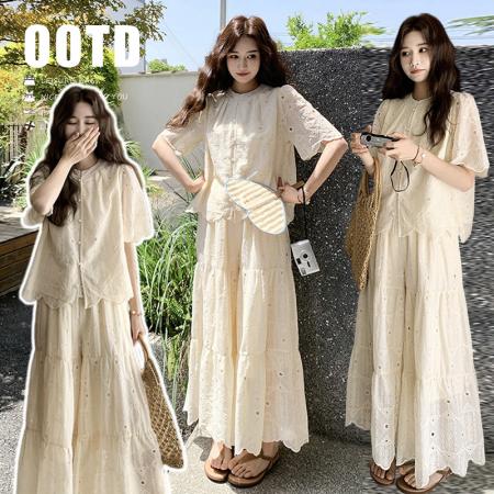 BY16014# 新款大码女装夏装纯棉花边短袖上衣+阔腿裤套装 服裝批發女裝批發服飾貨源