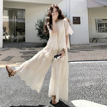 BY16014# 新款大码女装夏装纯棉花边短袖上衣+阔腿裤套装 服裝批發女裝批發服飾貨源