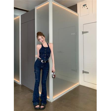 BY16017# 辣妹露背挂脖牛仔背心上衣女高腰修身工装微喇牛仔裤潮 服裝批發女裝批發服飾貨源