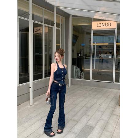 BY16017# 辣妹露背挂脖牛仔背心上衣女高腰修身工装微喇牛仔裤潮 服裝批發女裝批發服飾貨源