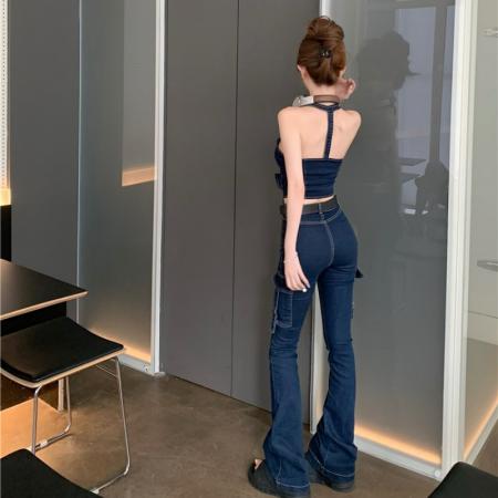 BY16017# 辣妹露背挂脖牛仔背心上衣女高腰修身工装微喇牛仔裤潮 服裝批發女裝批發服飾貨源