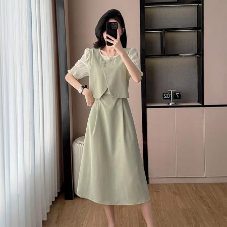 BY16047# 法式气质圆领假两件连衣裙女夏季新款韩版收腰显瘦甜美长裙子 服裝批發女裝批發服飾貨源