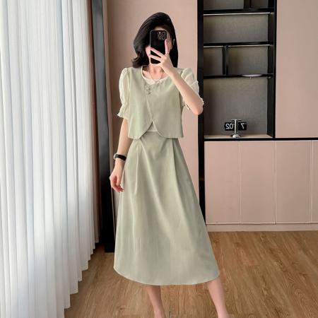 BY16047# 法式气质圆领假两件连衣裙女夏季新款韩版收腰显瘦甜美长裙子 服裝批發女裝批發服飾貨源