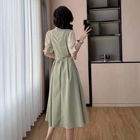 BY16047# 法式气质圆领假两件连衣裙女夏季新款韩版收腰显瘦甜美长裙子 服裝批發女裝批發服飾貨源