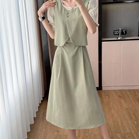 BY16047# 法式气质圆领假两件连衣裙女夏季新款韩版收腰显瘦甜美长裙子 服裝批發女裝批發服飾貨源