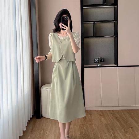 BY16047# 法式气质圆领假两件连衣裙女夏季新款韩版收腰显瘦甜美长裙子 服裝批發女裝批發服飾貨源