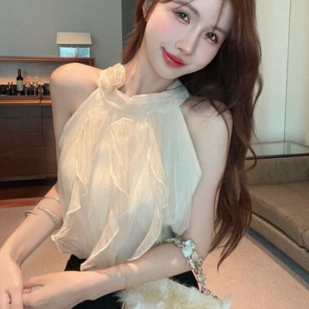 BY16055# 甜美蕾丝挂脖上衣吊带背心夏日出游穿搭泰式小众甜辣妹无袖露肩 服裝批發女裝批發服飾貨源