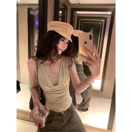BY16058# 原版做法法式拼接假两件荡领无袖T恤女夏季收腰辣妹别致上衣 服裝批發女裝批發服飾貨源