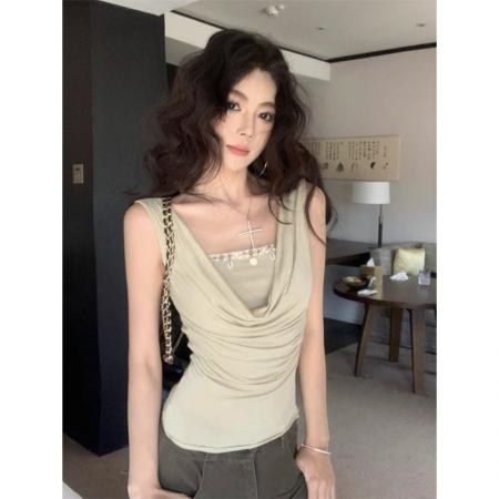 BY16058# 原版做法法式拼接假两件荡领无袖T恤女夏季收腰辣妹别致上衣 服裝批發女裝批發服飾貨源