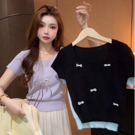 BY16070# 设计感珍珠蝴蝶方领结短袖针织衫女夏季新款显瘦减龄百搭上衣 服裝批發女裝批發服飾貨源