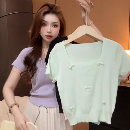 BY16070# 设计感珍珠蝴蝶方领结短袖针织衫女夏季新款显瘦减龄百搭上衣 服裝批發女裝批發服飾貨源