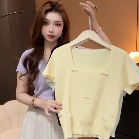 BY16070# 设计感珍珠蝴蝶方领结短袖针织衫女夏季新款显瘦减龄百搭上衣 服裝批發女裝批發服飾貨源