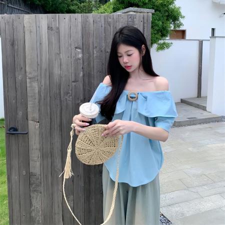 一字领露肩短袖衬衫女装夏季新款减龄时尚百搭宽松纯色上衣潮 服裝批發女裝批發服飾貨源