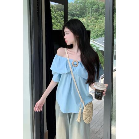 一字领露肩短袖衬衫女装夏季新款减龄时尚百搭宽松纯色上衣潮 服裝批發女裝批發服飾貨源